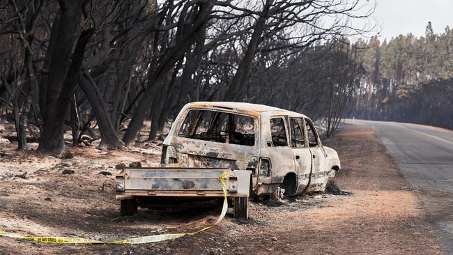 A burnt out car and trailer on Kangaroo Island. Picture: Matt Loxton.