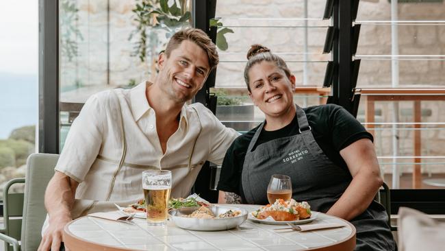 Hotel Sorrento is launching a new rooftop in time for the summer season. Hotel Sorento director Myles Pitt and executive chef Beth Pitt raise a glass to good times. Picture: Kate Shanasy