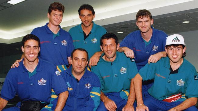 South Australia's Socceroo contingent arrives back in Adelaide. (Back l-r) Carl Veart, Robert Zabica and Alex Tobin, (front l-r) Tony Vidmar, Raul Blanco, Milan Ivanovic and Stan Lazaridis.