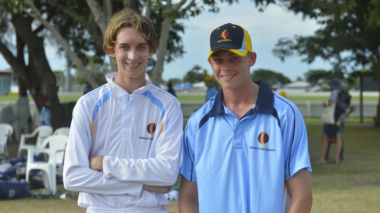 Far North Queensland representatives Benjamin Harrison and Angus Goetze, 15, combined for 132 runs in FNQ's eight-wicket win over Mackay Whitsundays on Day 1 of the U15 NQ Championships in Mackay. Photo: Callum Dick