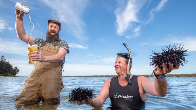 Brewer Chris Moore and diver Jason York with long-spined sea urchins. Picture: Jason Edwards