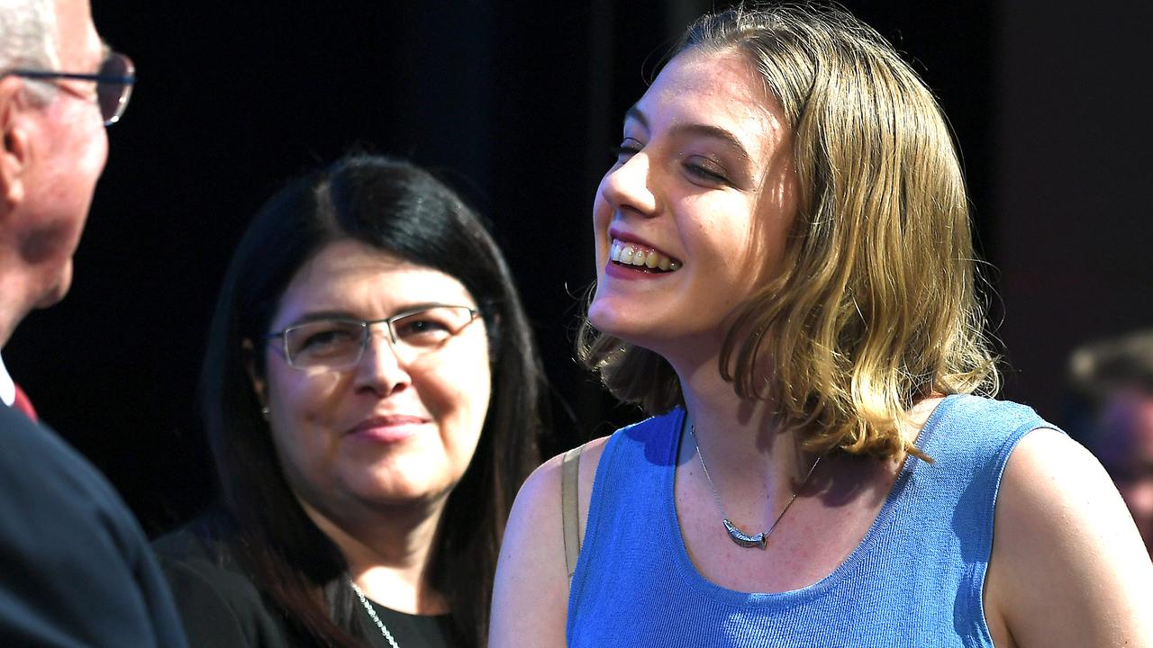 Maya Lamont receives at award at the QCE Awards presentation.Student QCE Awards presentation - highest performing Year 12 students in the state.Saturday February 16, 2019. (AAP image, John Gass)