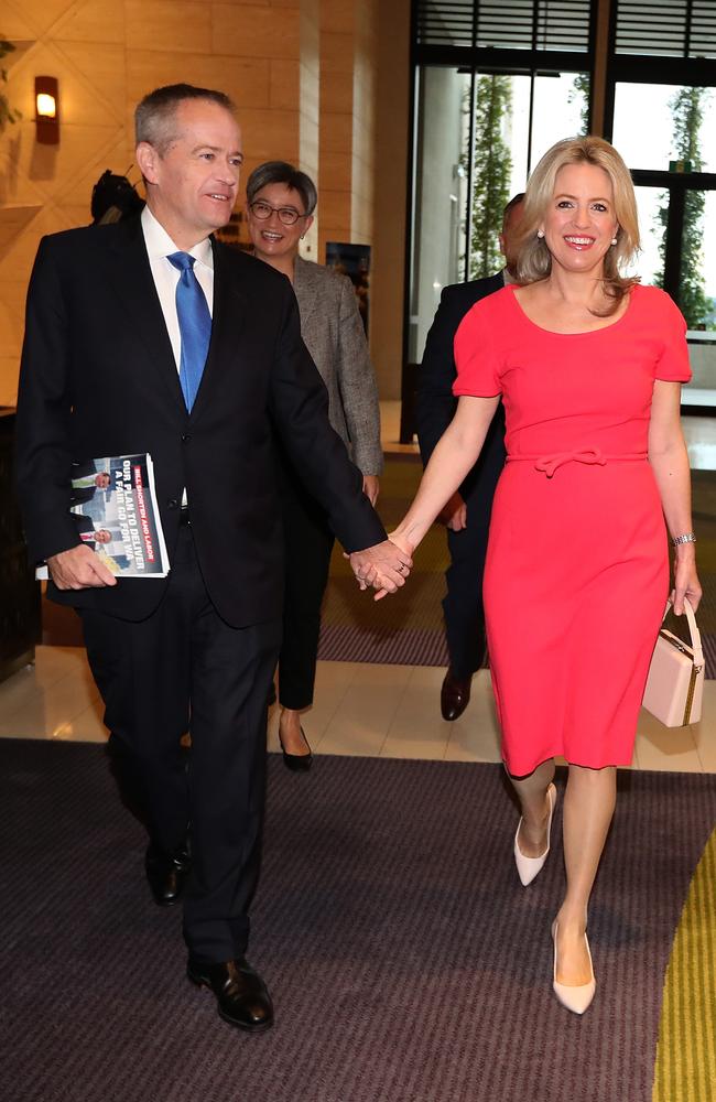 Opposition Leader Bill Shorten and Chloe arrive to speak at the West Australian, Leadership Matters Business Breakfast at the Crown in Perth on Wednesday. Picture: Kym Smith