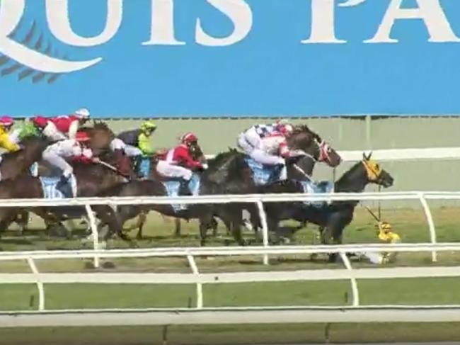 Apprentice jockey Jackson Murphy (far right) fell off Dream Master during the No Metro Wins Handicap (1100m) at the Gold Coast on Saturday, August 24, 2019. Picture: Taken from Racing Queensland website.