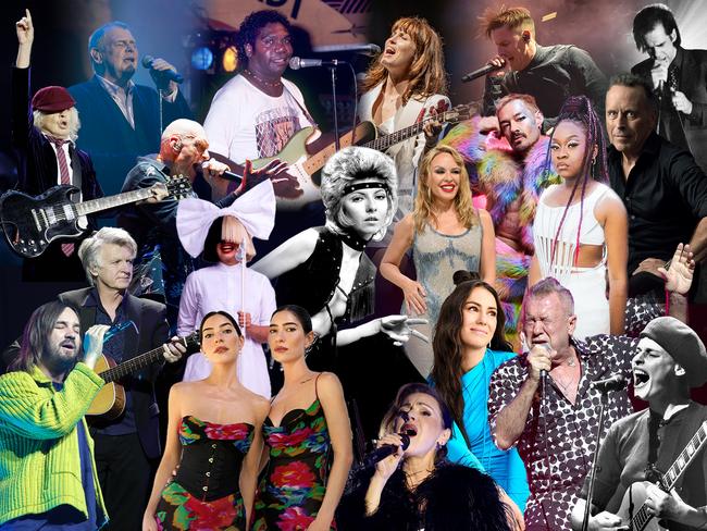 Digitally altered image of artists featured in the '60 best Australian songs' list curated by The Australian journalists Alan Howe and Andrew McMillen. First row, from top left: Angus Young (AC/DC), John Farnham, Peter Garrett (Midnight Oil), Dr Yunupingu (Yothu Yindi), Missy Higgins, Winston McCall (Parkway Drive). Second row, from left in green top: Kevin Parker (Tame Impala), Neil Finn (Crowded House), Sia Furler, Judy Stone (centre, in black & white), Kylie Minogue, Daniel Johns (Silverchair), Sampa The Great, Mark Seymour (Hunters and Collectors) and Nick Cave. Bottom row, from left: The Veronicas, Tina Arena, Amy Shark, Jimmy Barnes (Cold Chisel) and Deborah Conway (Do Re Mi). Image editing: Emilia Tortorella. (4x3 image)