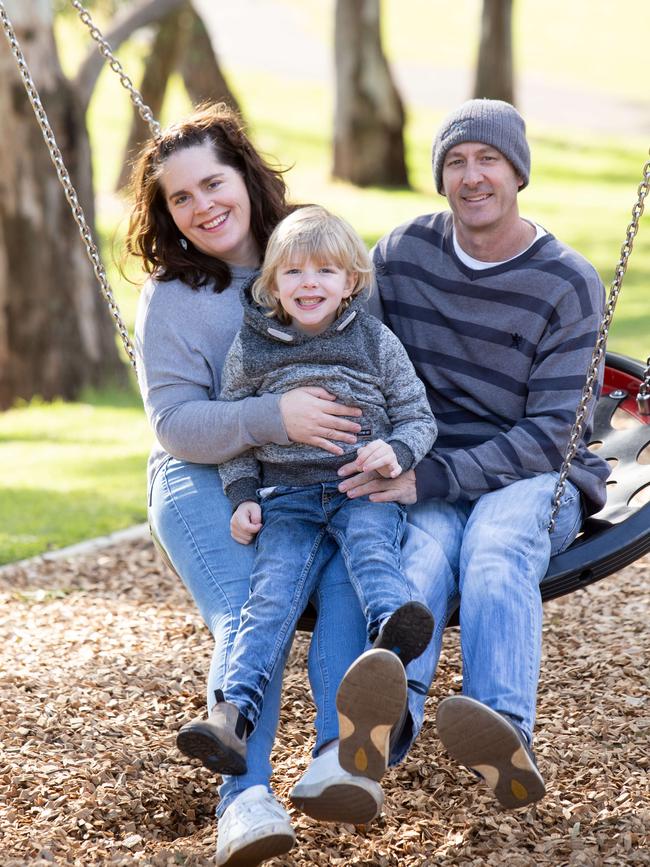 Four-year-old Anthony Schiller, pictured with parents Louise and Cameron, was the youngest competitor at this year's World Transplant Games in Perth. Picture: Brett Hartwig