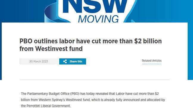 The PBO called out claims by the Liberals it had stated Labor would cut billions from WestInvest. Picture: NSW Liberals