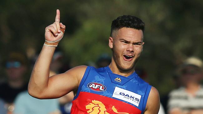 Cameron Rayner celebrates a goal for Brisbane Lions during pre-season. Picture: Michael Klein.