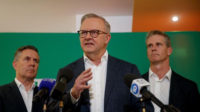 Prime Minister Anthony Albanese with the Minister for Health and Aged Care, Mark Butler, and the Member for Parramatta, Andrew Charlton, during a visit to the Westmead Medicare Urgent Care Clinic in Sydney on Sunday, March 2, 2025. Picture: Nikki Short