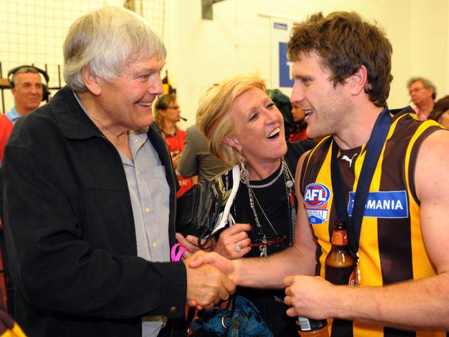 2008 Grand Final. Geelong v Hawthorn. MCG. Campbell Brown is congratulated by his father, Mal and mother.