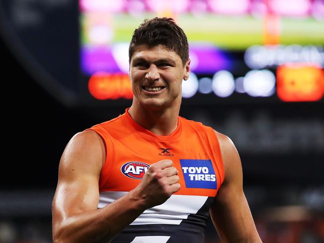Giants Jonathon Patton celebrates kicking a goal during AFL Semi Final match between the GWS Giants and West Coast Eagles at Spotless Stadium. Picture. Phil Hillyard