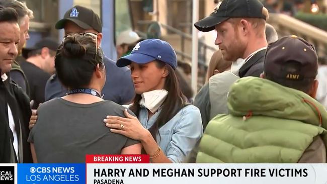 Meghan Markle and Prince Harry were branded ‘disaster tourists’ after meeting victims of the Los Angeles fires. Picture: CBS