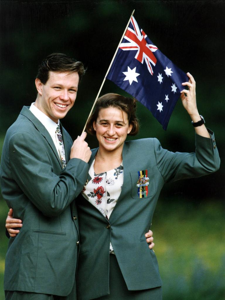 Swimmer Kieren Perkins with Hayley Lewis modelling the Australian kit for Barcelona 1992