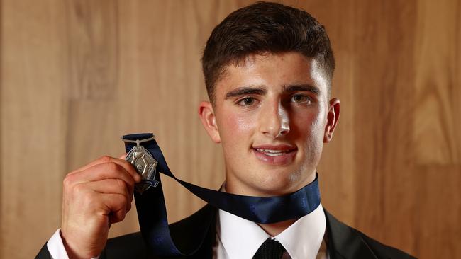 Rising star Harry Sheezel of the North Melbourne football club with his medal. Picture: Michael Klein