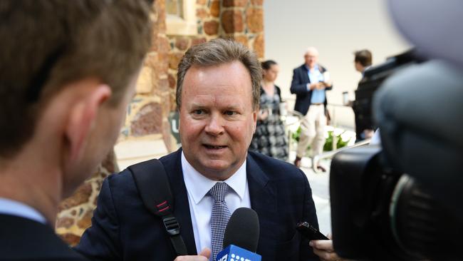 Australian Rugby Union CEO Bill Pulver talks to media after giving evidence to an inquiry in Perth.