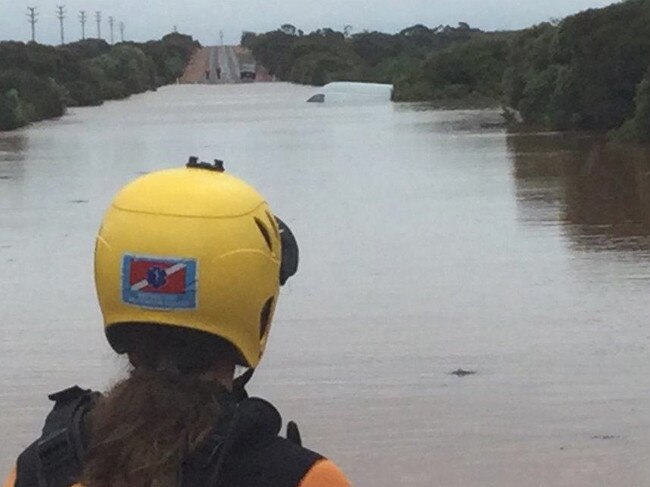 State Emergency Services volunteers were called to Iron Knob Road, about 20km from Whyalla, after a van, carrying two occupants was swept into floodwaters. Picture: State Emergency Service