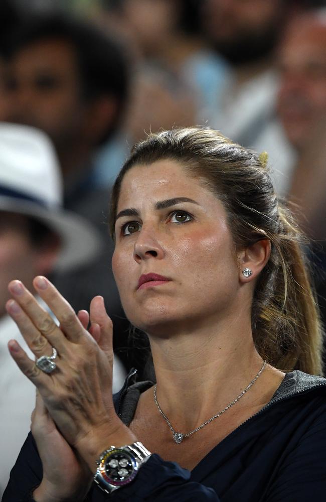 Mirka Federer, wife of Roger Federer, was courside at Federer’s Men's Singles first round match against Steve Johnson on day one of the 2020 Australian Open. Picture: Getty Images