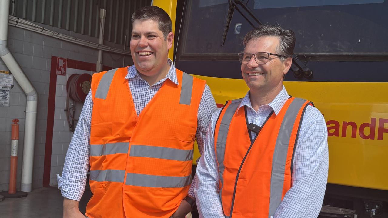 Maryborough LNP MP John Barounis and Qld Transport Minister Brent Mickelberg at the Maryborough Downer rail factory on Friday following reports of 100 job losses.