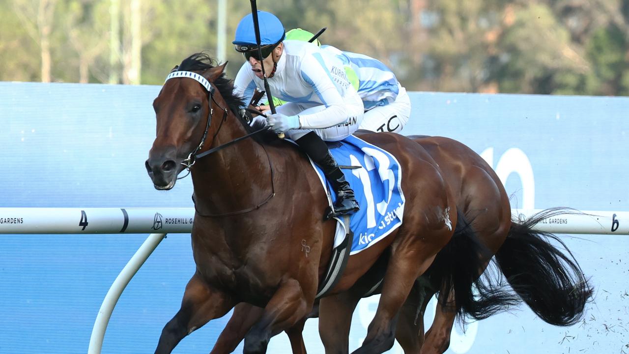 Ashley Morgan drives Private Harry to their first Group 1 win in the Galaxy at Rosehill. Picture: Getty Images