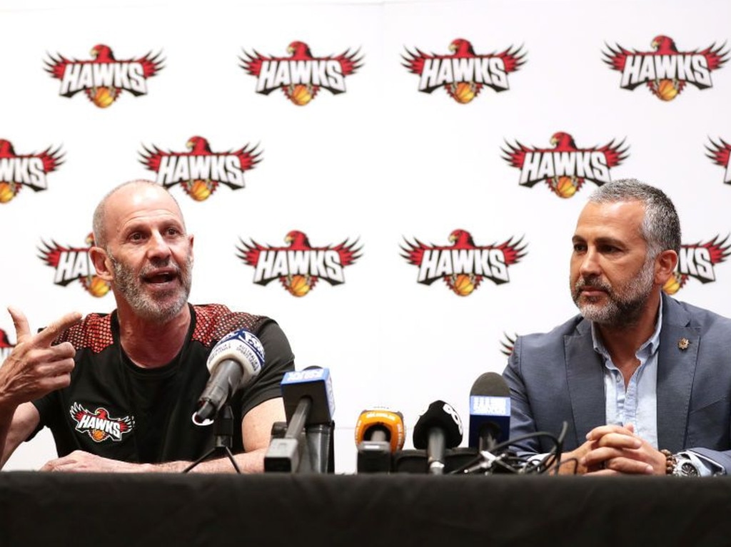 Dorry Kordahi unveiling Boomers coach Brian Goorjian as the Illawarra Hawks new coach in 2020