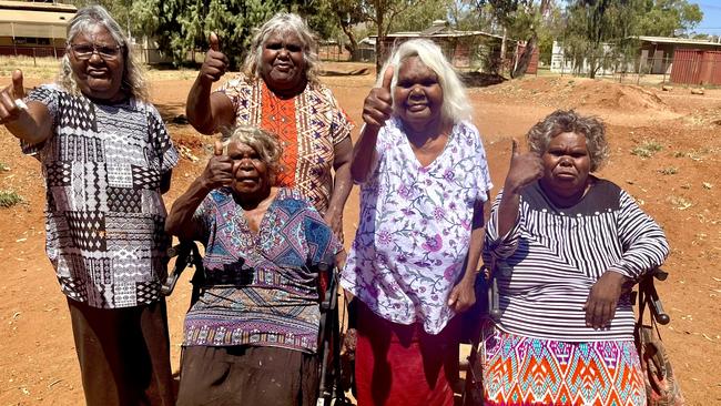 Supporting a Yes vote, women from the APY Lands, Maringka Tunkin, Ilwanti Ken, Naomi Kantjuri, Maureen Douglas and Freda Brady. Credit: Supplied.