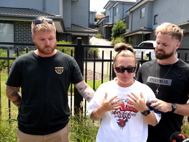 Natalie Gordon (Ash Gordon's sister), her partner Hayden Cook, and housemate Tristen Standing speak about the murder of Ash Gordon at his Doncaster home. Picture: Andrew Henshaw