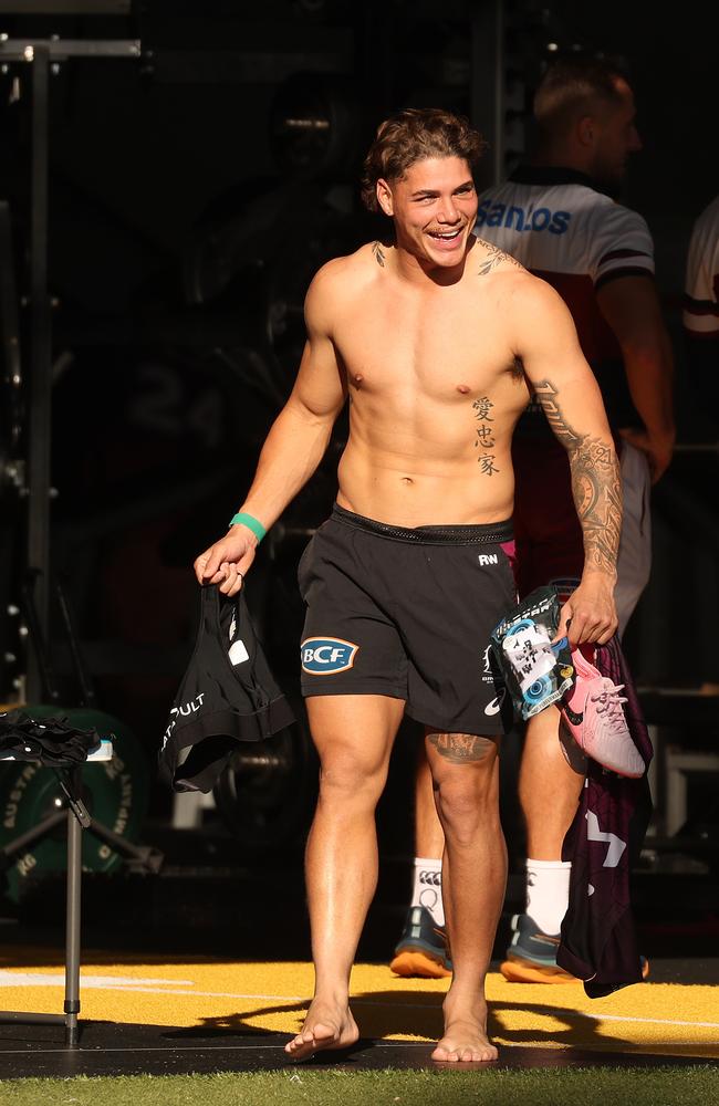 Reece Walsh is all smiles at Brisbane Broncos training. Picture: Liam Kidston