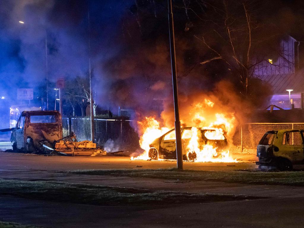 A burning car near Rosengard in Malmo during clashes in 2022. Picture: Johan Nilsson/TT/AFP