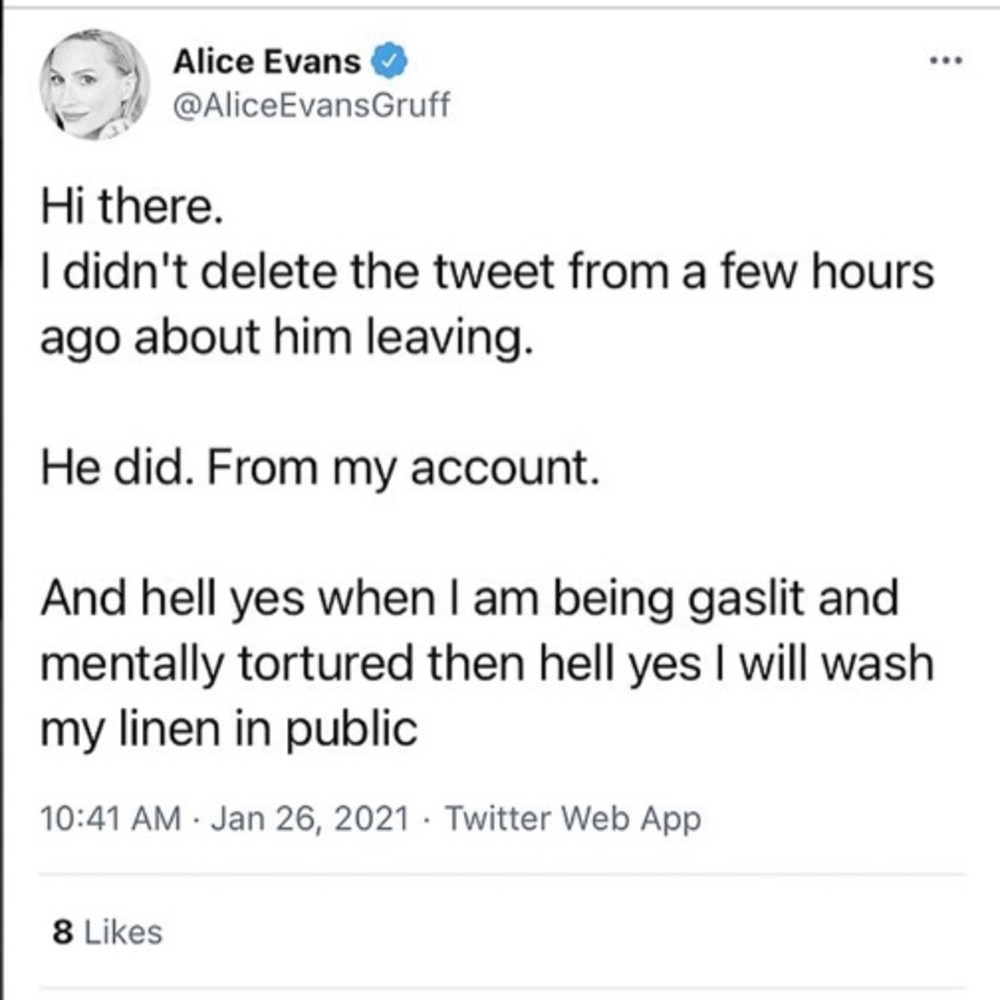 Alice Evans has taken to Twitter to announce her split from Ioan Gruffudd. Picture: Twitter