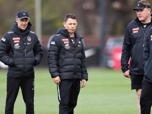 Coach Craig Macrae with assistants Brendan Bolton and Justin Leppitsch. Picture: Michael Klein