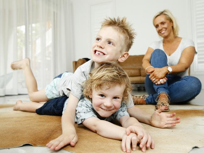 Dr Kristy Goodwin at home with her children, Taj, 6, and Billy, 3. Picture: Justin Lloyd