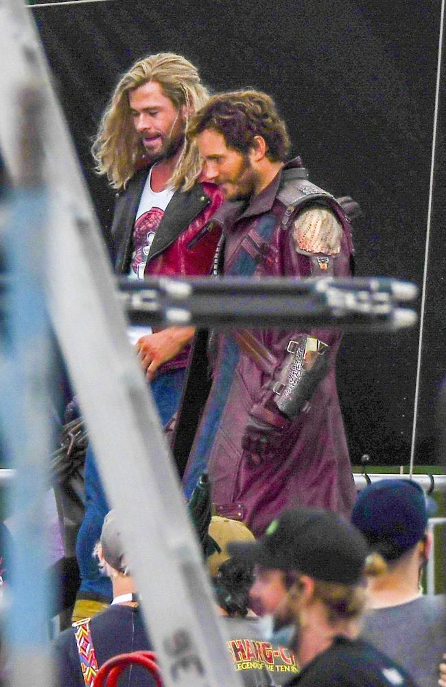 Marvel heroes Thor (Chris Hemsworth) and Star-Lord (Chris Pratt) pictured on set of Thor: Love And Thunder in Sydney’s Centennial Park. Picture: Media-mode.com