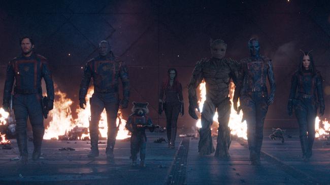 Chris Pratt, Dave Bautista, Rocket (voiced by Bradley Cooper), Zoe Saldana, Groot (voiced by Vin Diesel), Karen Gillan and Pom Klementieff in Guardians of the Galaxy Vol. 3. Picture: Marvel Studios