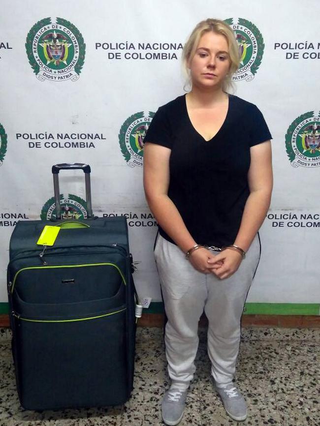 Cassandra Sainsbury pictured with her suitcase after arrest. Picture: EPA/Col Anti-narcotics Police /