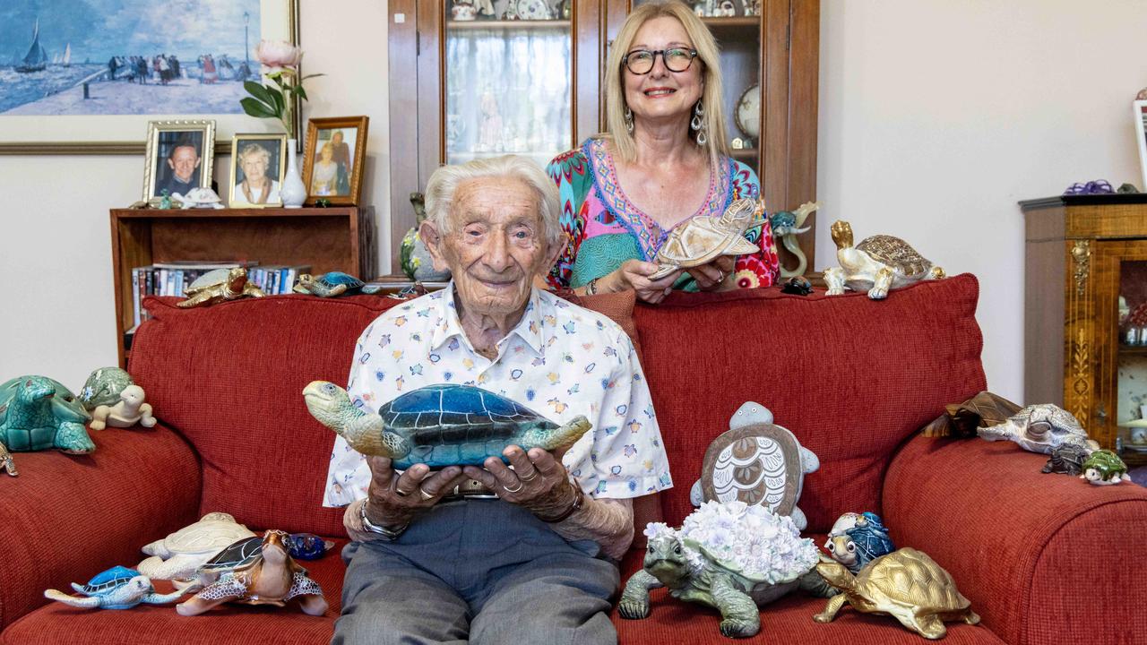 Turtle collector Jack Turner, 101, with friend and turtle-hunting sidekick Jan Greig. Picture: Kelly Barnes