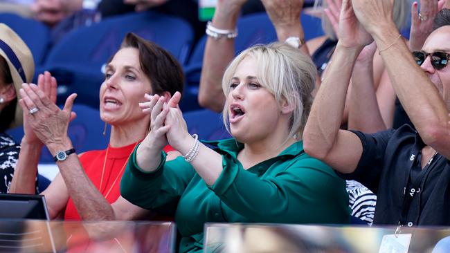 Tennis Australia president Jayne Hrdlicka and actor and comedian Rebel Wilson in the crowd during the women's semi-final between Ash Barty and Sofia Kenin in 2020. Picture: AAP