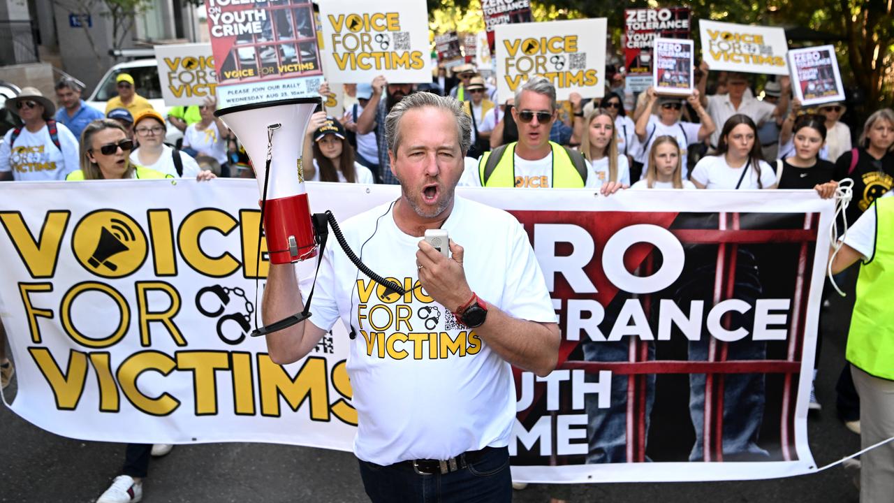 Ben Cannon leads protesters in a march on Parliament House calling for tougher action on youth crime. Picture: Dan Peled / NCA NewsWire