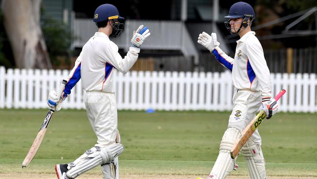 Marist batsmen Max Hrstich and Matt Trotter after winning the game. Picture, John Gass