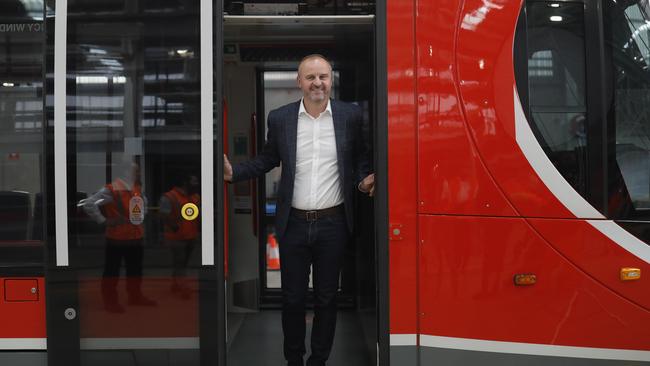 ACT Labor leader and Chief Minister Andrew Barr at the Mitchell Light Rail Depot in Canberra. Picture: Sean Davey.