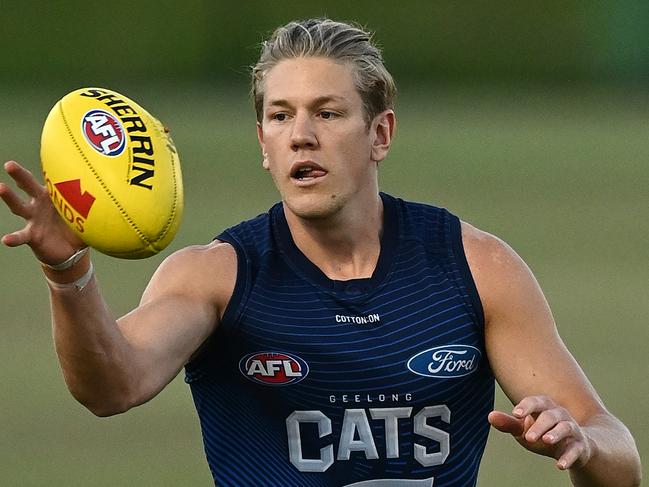 GOLD COAST, AUSTRALIA - OCTOBER 14: Rhys Stanley of the Cats marks during a Geelong Cats AFL training session at Southport Sharks Oval on October 14, 2020 in Gold Coast, Australia. (Photo by Quinn Rooney/Getty Images)