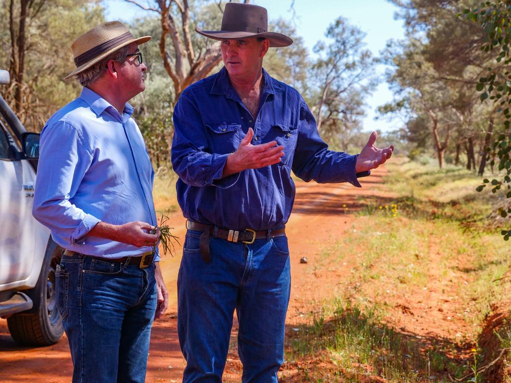 CEO of the Carbon Market Institute John Connor (left) with grazier David Fisher, inspecting Mr Fisher’s carbon farming project located near Bourke in western NSW. Picture: Jacqui Schulz-CMI/CleanEnergyRegulator