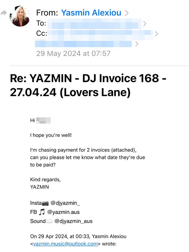 Two outstanding invoices Yasmin sent to Lovers Lane on May 29, 2024.