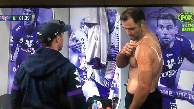 Cameron Smith in the sheds with a shoulder injury.