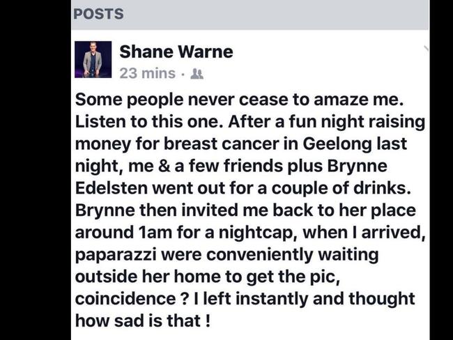 Shane Warne posts about Brynne Edelsten on Instagram. Picture: Instagram