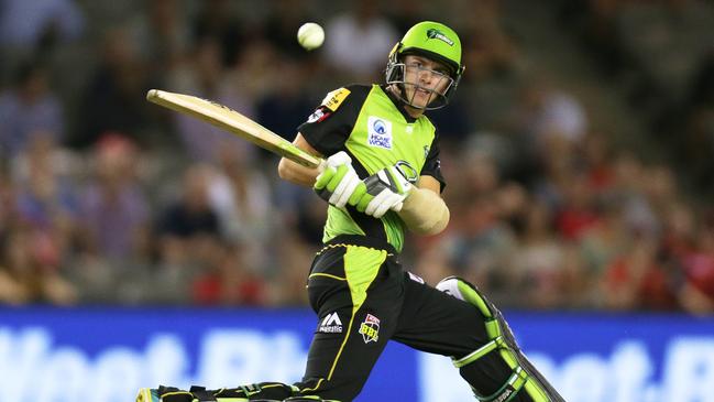 Baxter Holt plays a reverse sweep during a Big Bash League match back in January 2019.