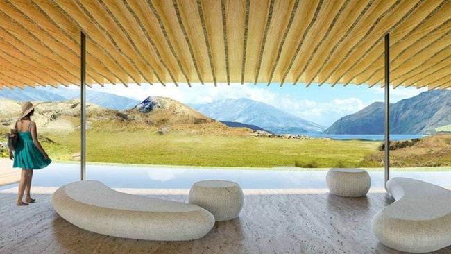 An artist’s view from inside the luxury lodge Peter Thiel hopes to build at Damper Bay, Wanaka. Picture: Supplied