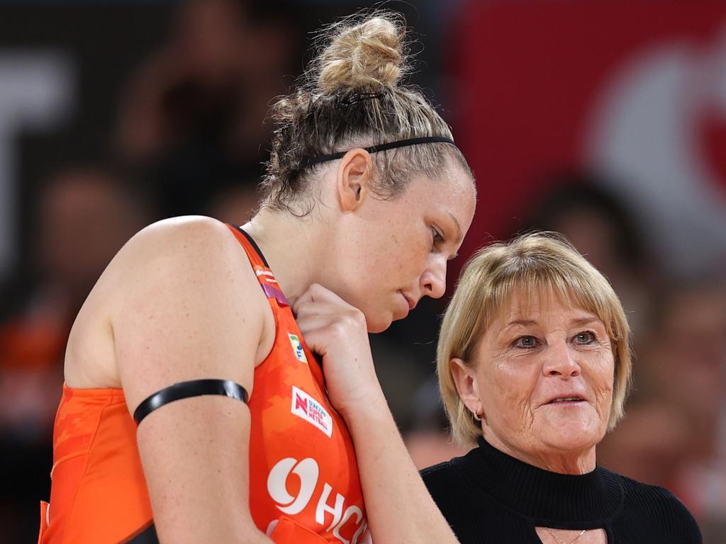 Giants star Jo Harten and coach Julie Fitzgerald talk tactics. Picture: Getty Images