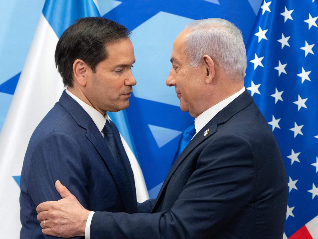 US Secretary of State Marco Rubio and Mr Benjamin Netanyahu greet each other during a joint press conference on February 16. Picture: Ohad Zwigenberg/AFP