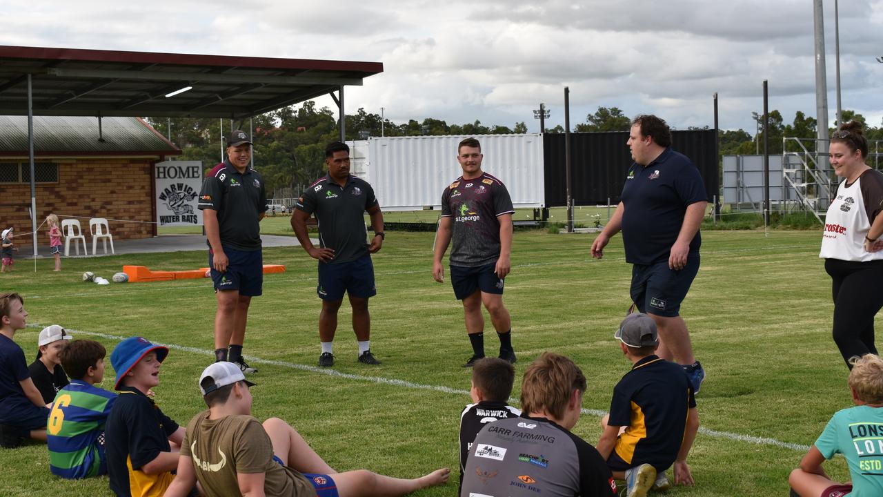 Dane Zander, Alex Mafi, and Matt Faessler from the Queensland Reds visited Warwick Water Rats yesterday. Picture: Jessica Paul