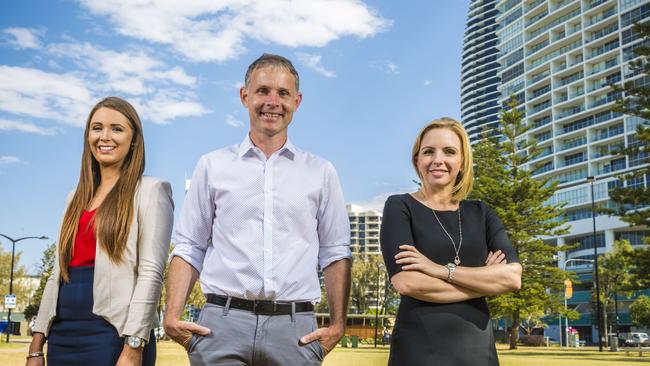 Gold Coast Labor candidates Meaghan Scanlon, Rowan Holzberger and Georgi Leader. Photo: Glenn Hunt